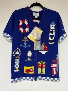 Quacker Factory Women’s Vintage Nautical Short Sleeve Button Front Sweater Sz S